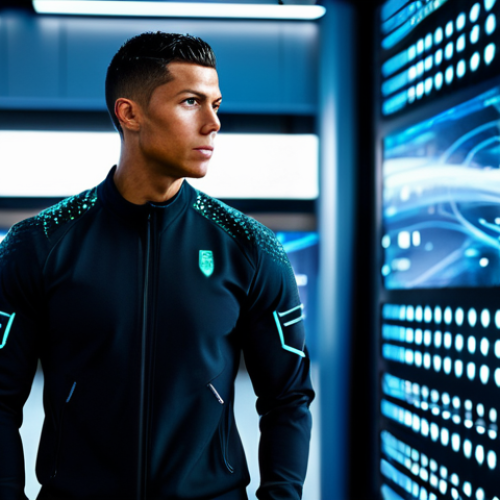 Home 11 A professional male athlete, resembling Cristiano Ronaldo, fully clothed in a sleek, modern, dark professional athleisure suit. He stands confidently in a futuristic, high-tech digital environment, surrounded by glowing abstract holographic screens displaying global connectivity symbols and social media icons. The background features subtle, blurred cityscapes representing his global reach. His posture is natural, powerful, and inspiring. The lighting is dynamic and professional. safe for work, appropriate content, fully clothed, professional, modest clothing, appropriate attire, perfect anatomy, correct proportions, natural pose, well-formed hands, proper finger count, natural body proportions, professional photography, ultra detailed, high resolution, studio lighting, cinematic.