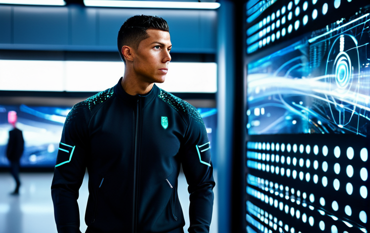 A professional male athlete, resembling Cristiano Ronaldo, fully clothed in a sleek, modern, dark professional athleisure suit. He stands confidently in a futuristic, high-tech digital environment, surrounded by glowing abstract holographic screens displaying global connectivity symbols and social media icons. The background features subtle, blurred cityscapes representing his global reach. His posture is natural, powerful, and inspiring. The lighting is dynamic and professional. safe for work, appropriate content, fully clothed, professional, modest clothing, appropriate attire, perfect anatomy, correct proportions, natural pose, well-formed hands, proper finger count, natural body proportions, professional photography, ultra detailed, high resolution, studio lighting, cinematic.