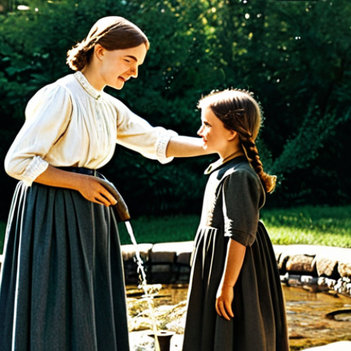 Home 6 A young Helen Keller, fully clothed in modest historical attire from the early 1900s, stands beside a rustic outdoor water pump. Her teacher, Anne Sullivan, dressed in appropriate historical professional dress, is gently pouring water onto Helen's outstretched hand. Helen's face shows a profound moment of understanding and revelation as she connects the sensation of water with its tactile spelling. The setting is a sunlit, natural outdoor environment with soft foliage in the background. The image captures perfect anatomy, correct proportions, well-formed hands, and a natural pose. This is a family-friendly, appropriate content, safe for work depiction, professional photography quality, high detail, realistic, cinematic lighting.