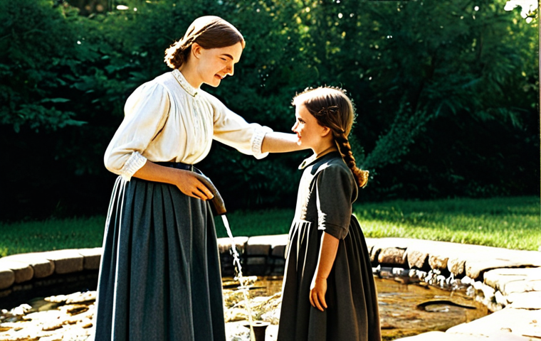 A young Helen Keller, fully clothed in modest historical attire from the early 1900s, stands beside a rustic outdoor water pump. Her teacher, Anne Sullivan, dressed in appropriate historical professional dress, is gently pouring water onto Helen's outstretched hand. Helen's face shows a profound moment of understanding and revelation as she connects the sensation of water with its tactile spelling. The setting is a sunlit, natural outdoor environment with soft foliage in the background. The image captures perfect anatomy, correct proportions, well-formed hands, and a natural pose. This is a family-friendly, appropriate content, safe for work depiction, professional photography quality, high detail, realistic, cinematic lighting.