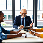 Home 6 **
"A diverse group of people, fully clothed in professional attire, collaborating around a table in a bright, modern office space, smiling and engaged in a lively discussion, surrounded by books and laptops. Sunlight streams in through large windows. Emphasis on teamwork, communication, and empowerment. Safe for work, appropriate content, professional, modest, family-friendly, perfect anatomy, correct proportions, natural pose, well-formed hands, proper finger count, natural body proportions, high resolution, detailed textures, vibrant colors."
**