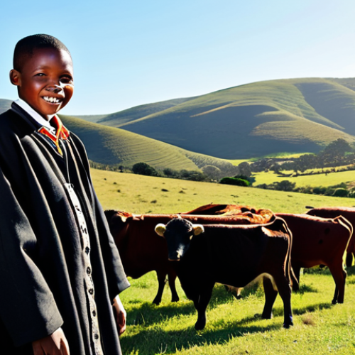 Home 17 넬슨 만델라 정치적 리더십 - Mandela's Childhood**
"A young Nelson Mandela, fully clothed in traditional Xhosa attire, herding c...