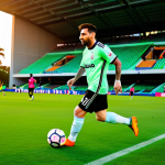 Home 4 리오넬 메시 축구 커리어 - **Image:** A fully clothed Lionel Messi in his Inter Miami CF jersey, skillfully dribbling a soccer ...