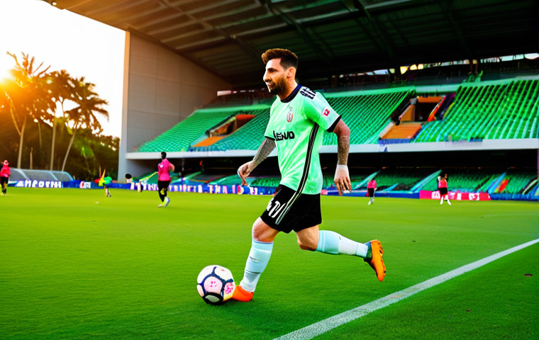 리오넬 메시 축구 커리어 - **Image:** A fully clothed Lionel Messi in his Inter Miami CF jersey, skillfully dribbling a soccer ...